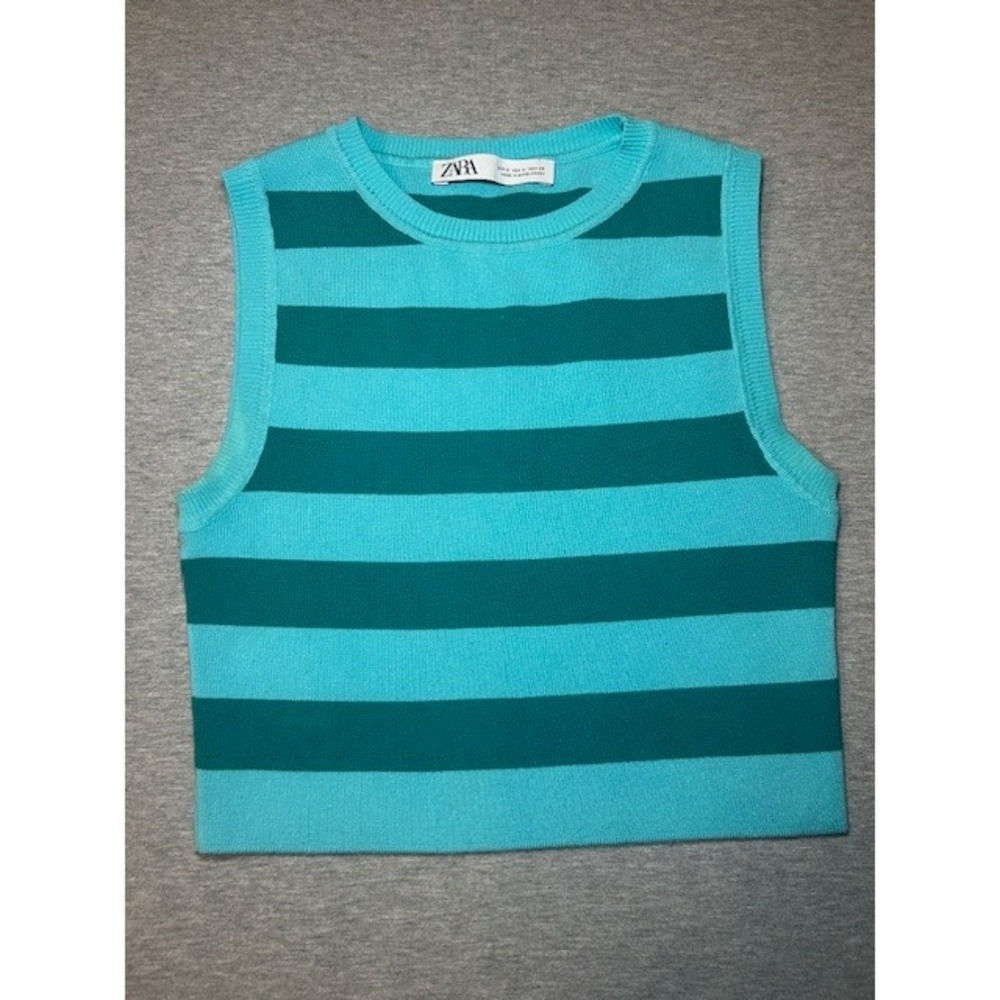 ZARA Women's Striped Sleeveless Knit Crop Top Blue Teal Size Medium